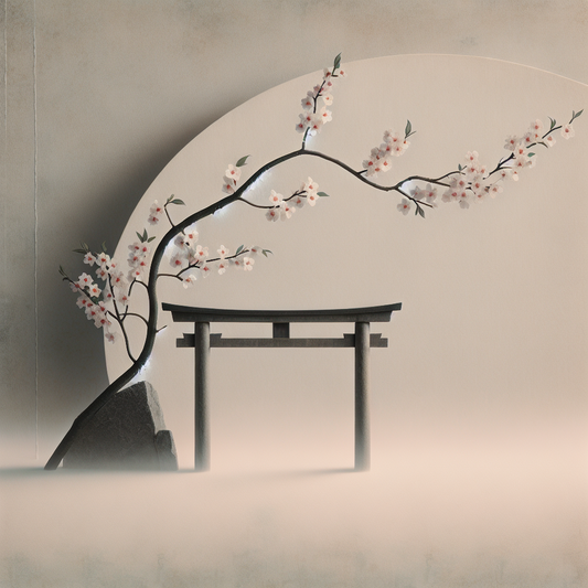 Delicate sakura branch beside a wooden torii gate in morning mist, minimalist traditional Japanese artistic style conveying serenity and timeless beauty.