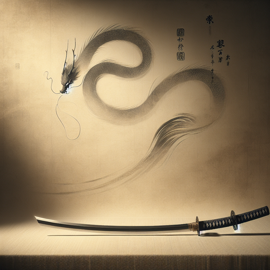 Minimalist Japanese-inspired scene with a single samurai sword, a smoky dragon, and a calm anime-style Beastars animal character, against a soft washi paper background — elegant and serene.