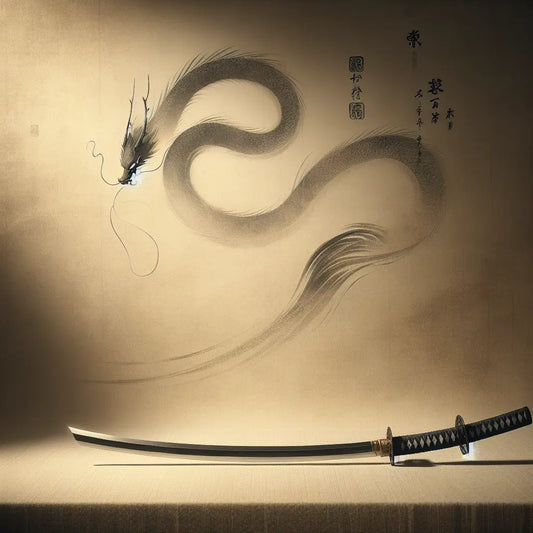 Minimalist Japanese-inspired scene with a single samurai sword, a smoky dragon, and a calm anime-style Beastars animal character, against a soft washi paper background — elegant and serene.