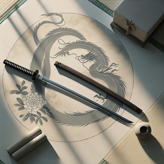 A minimalist image of a samurai sword resting on tatami with a subtle sumi-e dragon and shimenawa background, evoking quiet Japanese cultural elegance.