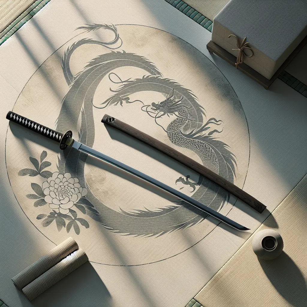 A minimalist image of a samurai sword resting on tatami with a subtle sumi-e dragon and shimenawa background, evoking quiet Japanese cultural elegance.