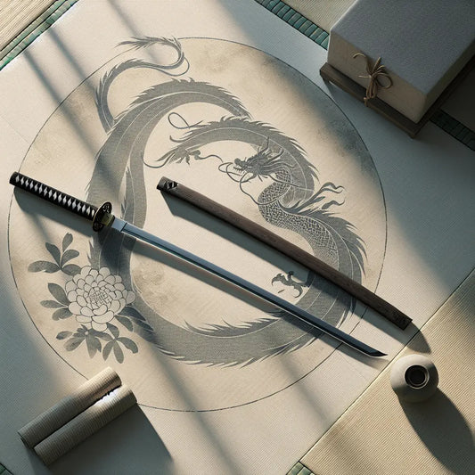 A minimalist image of a samurai sword resting on tatami with a subtle sumi-e dragon and shimenawa background, evoking quiet Japanese cultural elegance.