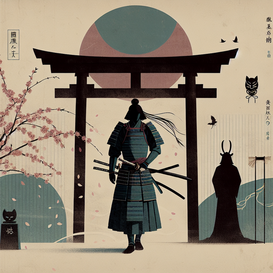 A minimalist illustration blending traditional Japanese samurai and ninja aesthetics with subtle Naruto character inspirations, featuring a samurai by a torii gate and soft falling sakura petals in muted natural colors.