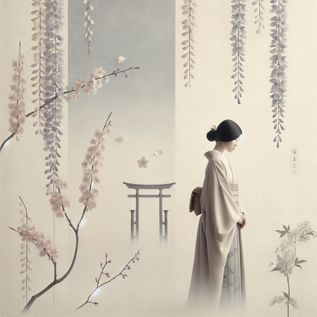 A serene young woman in a subtle kimono amongst cherry blossoms and wisteria, softly lit in pastel tones symbolizing gentle romance and personal growth in a minimalist Japanese style.