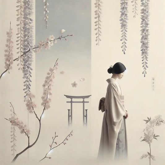 A serene young woman in a subtle kimono amongst cherry blossoms and wisteria, softly lit in pastel tones symbolizing gentle romance and personal growth in a minimalist Japanese style.