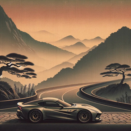 A minimalist scene depicting a sleek Japanese sports car on a winding mountain road at sunset with soft natural light and muted colors, evoking calm and traditional aesthetic.