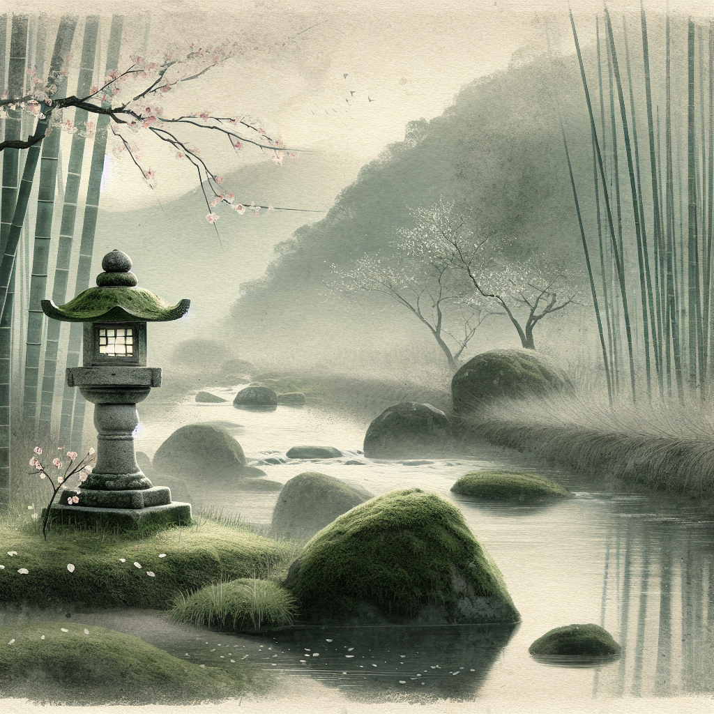A minimalist Japanese stone lantern in a mossy bamboo grove with scattered cherry blossom petals under soft natural light, serene and balanced.