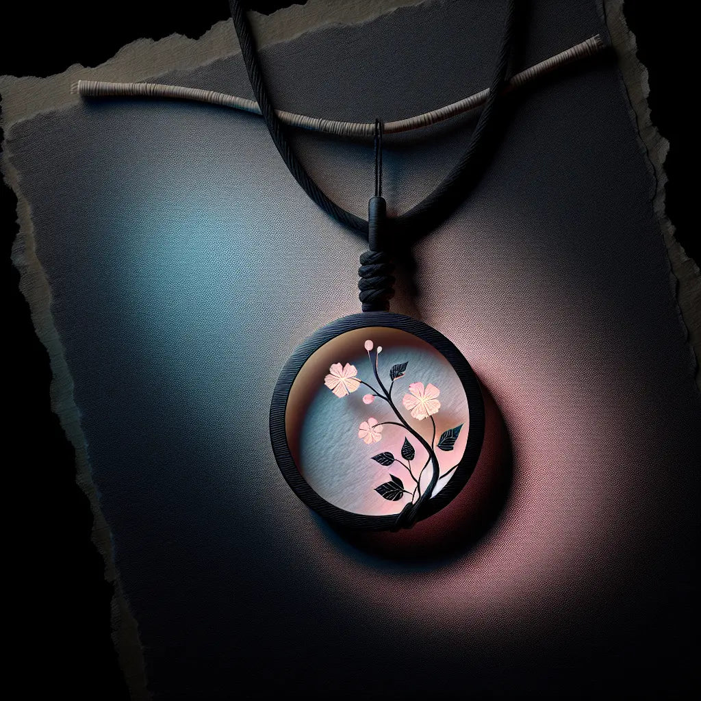 A minimalist jewelry piece blending traditional Japanese motifs with subtle glowing neon accents on a dark background, serene and elegant.