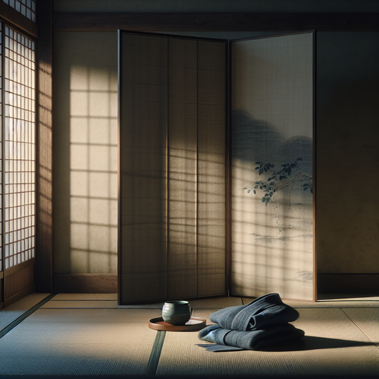 Minimalist Japanese tea room scene with folded indigo kimono and ceramic tea bowl softly lit through shoji screen, evoking calm and tradition.