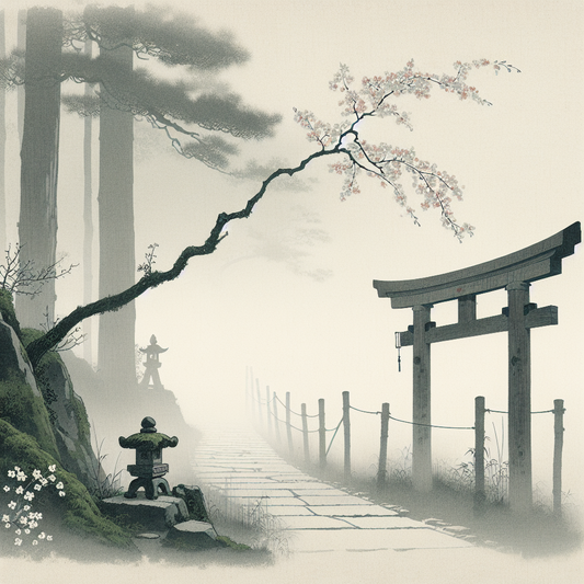 A delicate cherry blossom branch beside a traditional Shinto torii gate shrouded in morning mist, in a minimalist Japanese ink style capturing serene beauty and calm.