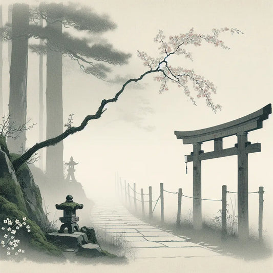 A delicate cherry blossom branch beside a traditional Shinto torii gate shrouded in morning mist, in a minimalist Japanese ink style capturing serene beauty and calm.
