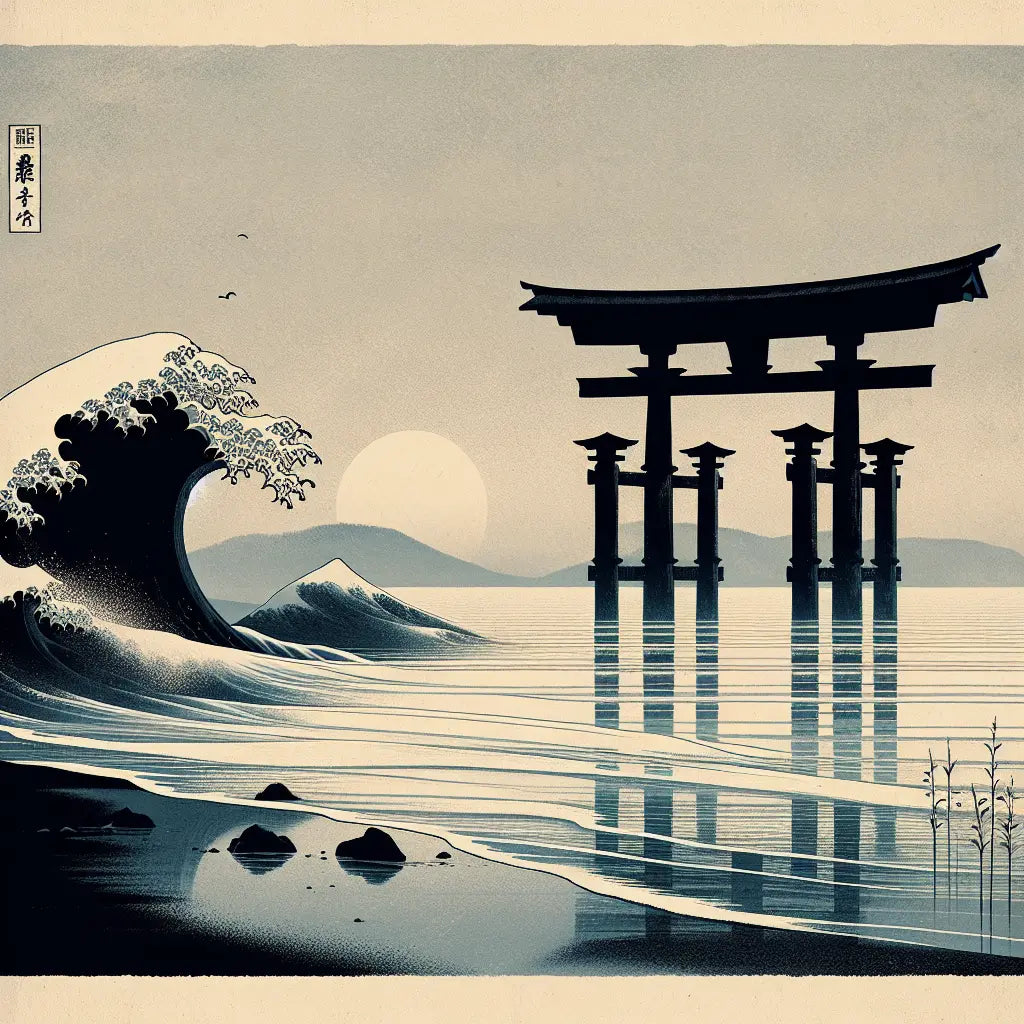 A serene traditional Japanese coastal scene with a simple torii gate and gently curved waves inspired by ukiyo-e, in a muted palette with soft dawn light and mist.