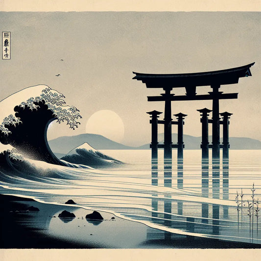A serene traditional Japanese coastal scene with a simple torii gate and gently curved waves inspired by ukiyo-e, in a muted palette with soft dawn light and mist.