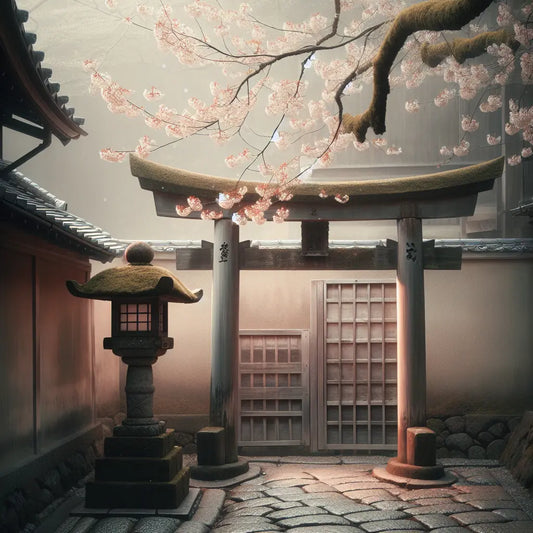 A quiet Kyoto alley with a wooden torii gate and cherry blossom branches under soft morning light, minimalistic and serene traditional Japanese scene.