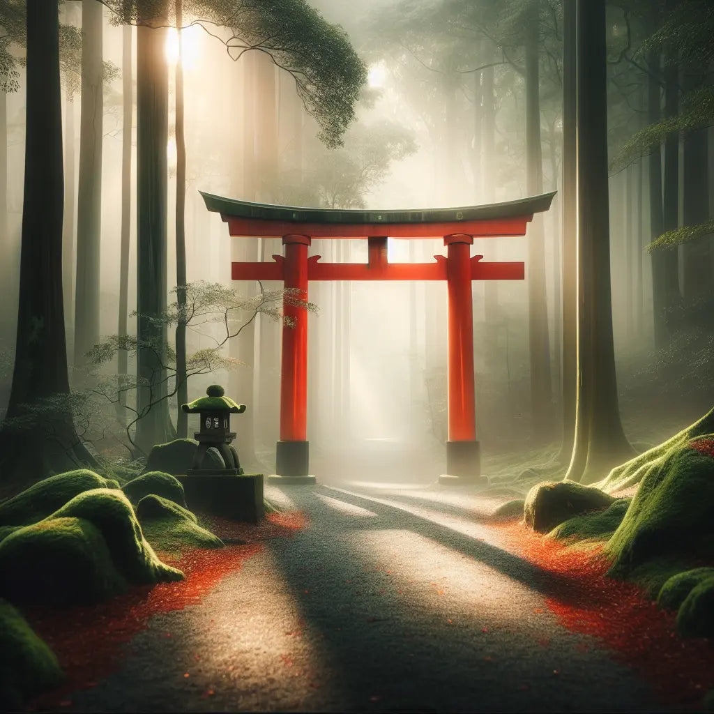 A solitary vermilion torii gate amidst misty forest path in soft morning light, minimalist and serene Japanese traditional scene.