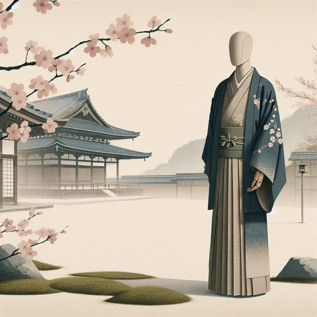 A quiet display of a traditional men's kimono on a mannequin in front of a softly lit historic temple with cherry blossoms, evoking calm, cultural elegance.