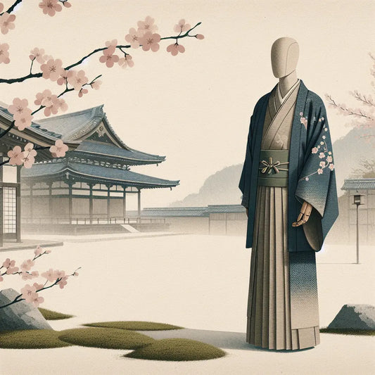 A quiet display of a traditional men's kimono on a mannequin in front of a softly lit historic temple with cherry blossoms, evoking calm, cultural elegance.