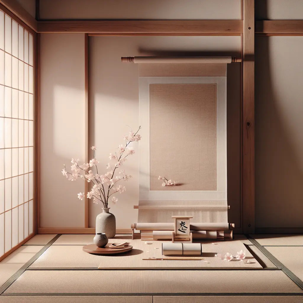Minimalist traditional Japanese scene with soft morning light filtering through shoji screens onto a folded scroll and scattered cherry blossom petals, evoking calm and cultural reverence for art.