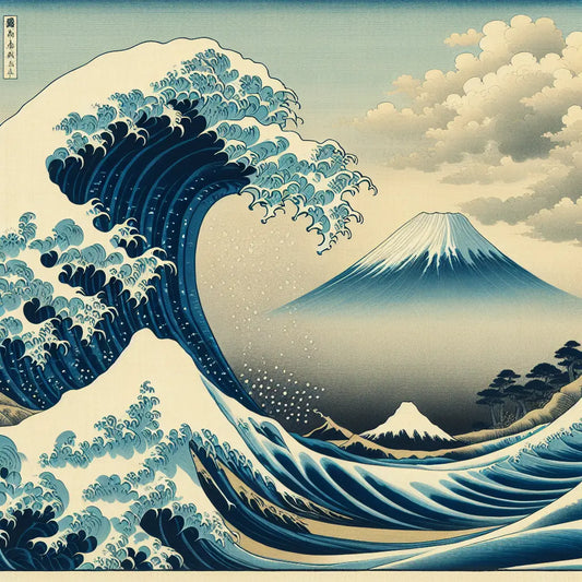 A large traditional Japanese ukiyo-e style ocean wave in deep blue and white, with Mount Fuji under a dramatic sky in the background, minimalist and elegant.