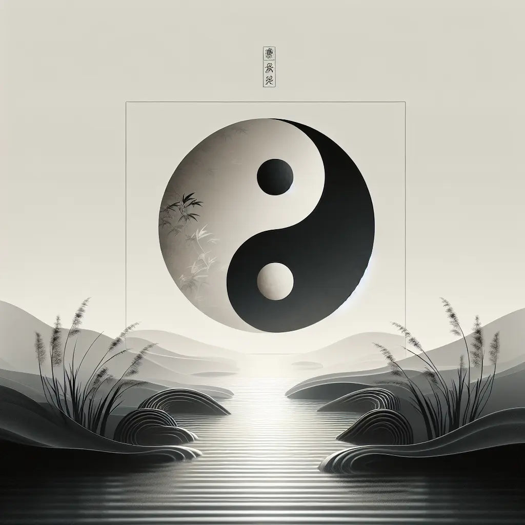 A minimalist black and white yin yang symbol centered over serene still water with soft, diffused natural light and a calm, harmonious atmosphere
