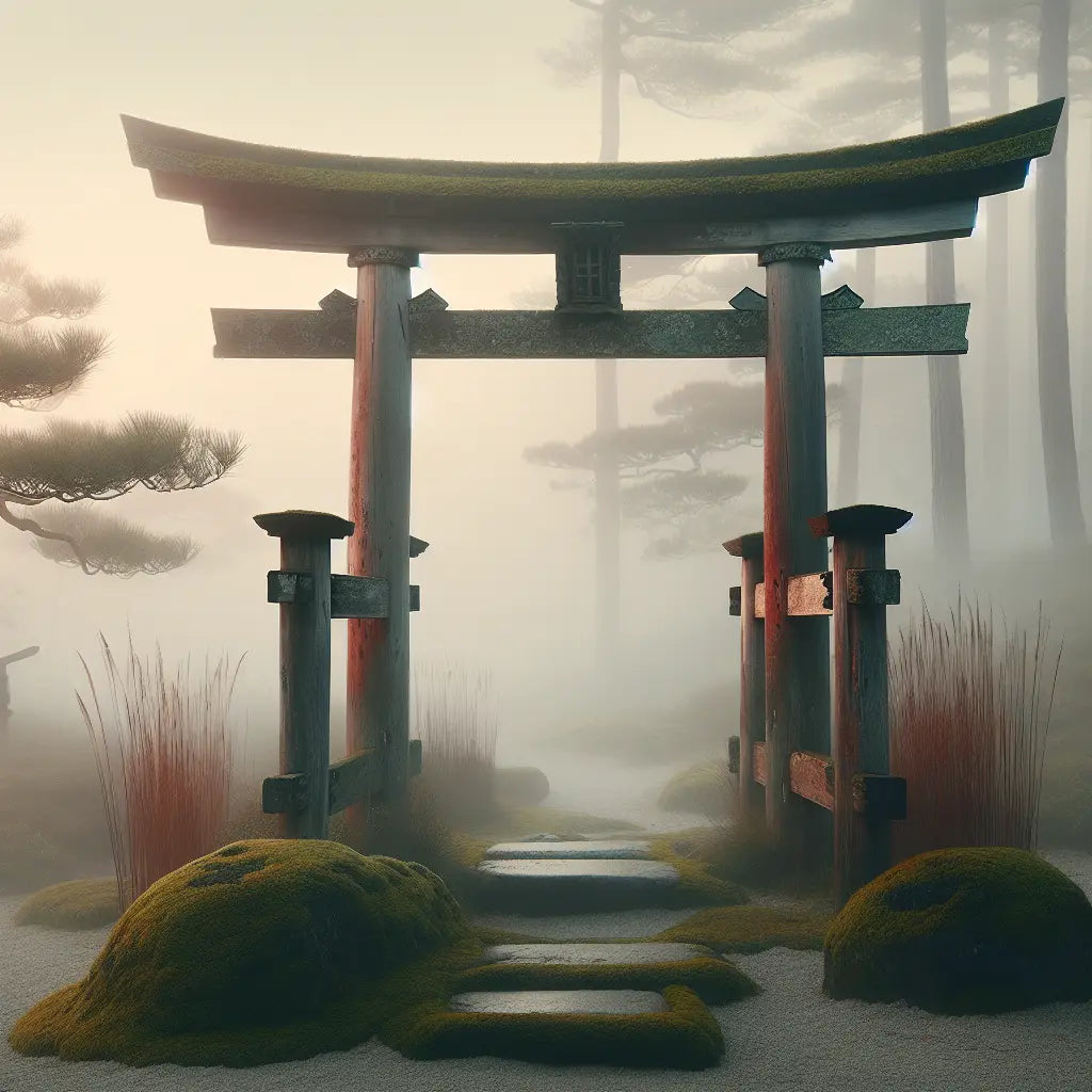 A single red torii gate in morning mist surrounded by mossy stones and bamboo, evoking peaceful traditional Japanese Shinto scenery.