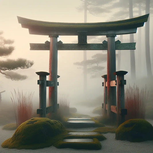 A single red torii gate in morning mist surrounded by mossy stones and bamboo, evoking peaceful traditional Japanese Shinto scenery.