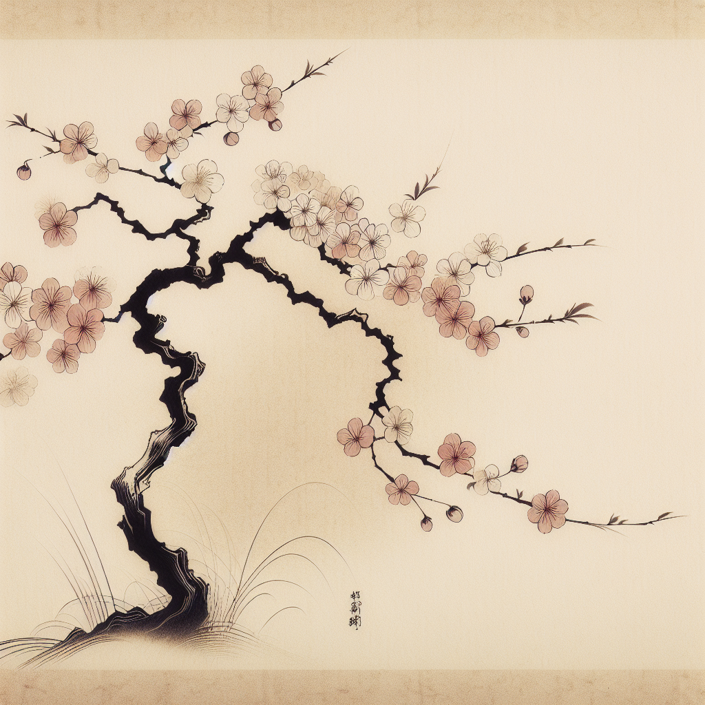 A delicate sakura blossom branch with soft pastel tones and subtle playfulness, minimalist and serene in traditional Japanese style.