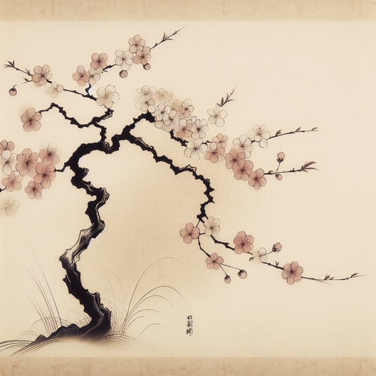 A delicate sakura blossom branch with soft pastel tones and subtle playfulness, minimalist and serene in traditional Japanese style.