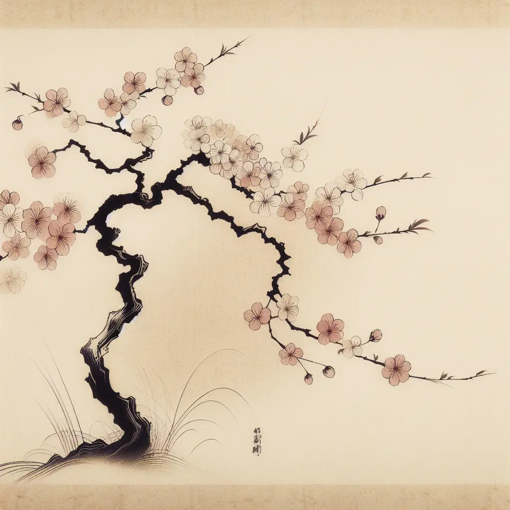 A delicate sakura blossom branch with soft pastel tones and subtle playfulness, minimalist and serene in traditional Japanese style.
