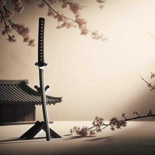 A polished samurai katana gleaming softly with blurred cherry blossoms and ancient temple architecture in the background, embodying honor and traditional craftsmanship.