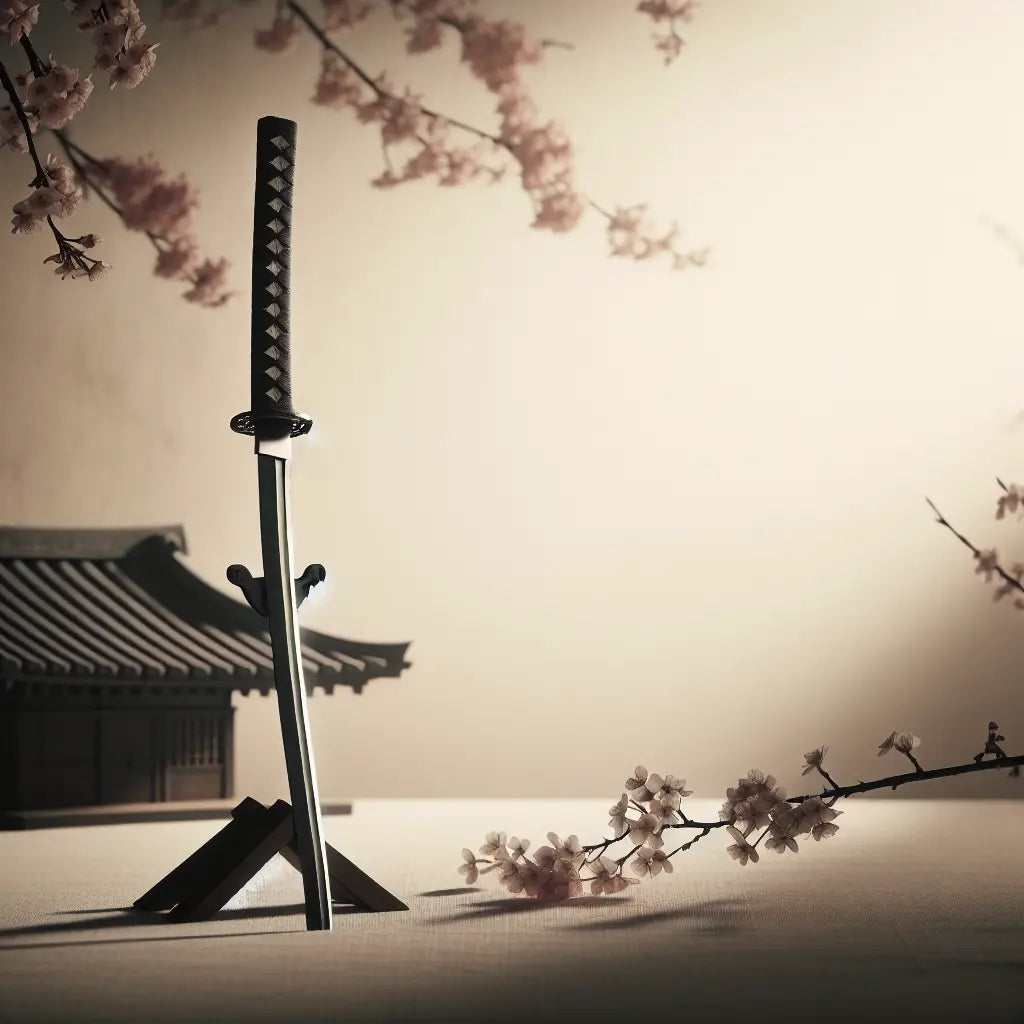 A polished samurai katana gleaming softly with blurred cherry blossoms and ancient temple architecture in the background, embodying honor and traditional craftsmanship.
