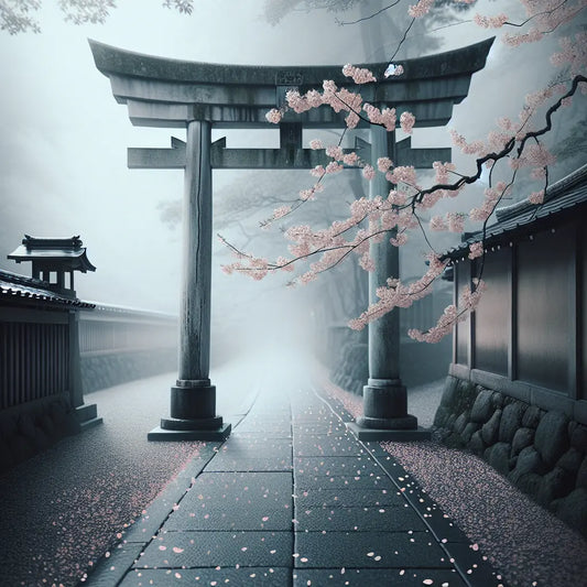 A quiet Kyoto alley with a weathered torii gate and soft pink cherry blossom petals drifting in gentle morning light, symbolizing strength and calm power in a minimalist Japanese style.