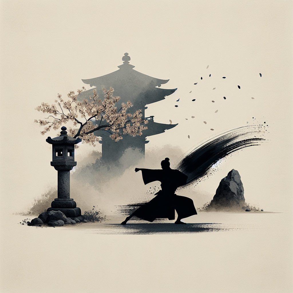 A minimalist, sumi-e inspired depiction of a powerful punch symbolized by a sweeping brush stroke beside a serene kimono silhouette and stone lantern in a misty, quiet temple alley – expressive yet calm.