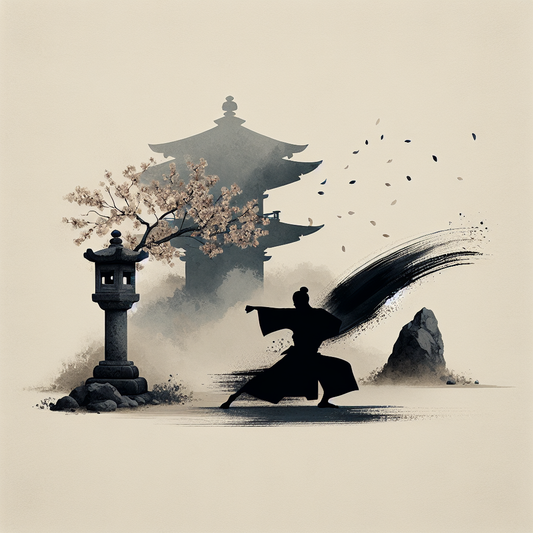 A minimalist, sumi-e inspired depiction of a powerful punch symbolized by a sweeping brush stroke beside a serene kimono silhouette and stone lantern in a misty, quiet temple alley – expressive yet calm.