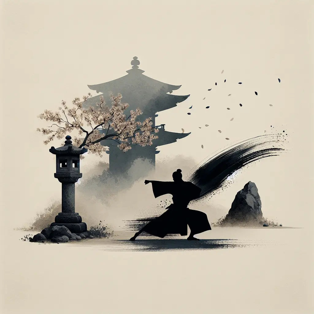 A minimalist, sumi-e inspired depiction of a powerful punch symbolized by a sweeping brush stroke beside a serene kimono silhouette and stone lantern in a misty, quiet temple alley – expressive yet calm.