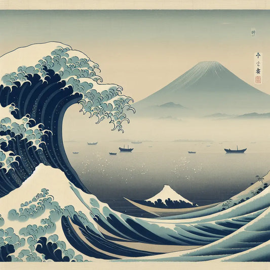 A minimalist Japanese woodblock-inspired image of a gentle wave curling near Mount Fuji with elegant boats, using muted natural colors and balanced composition.