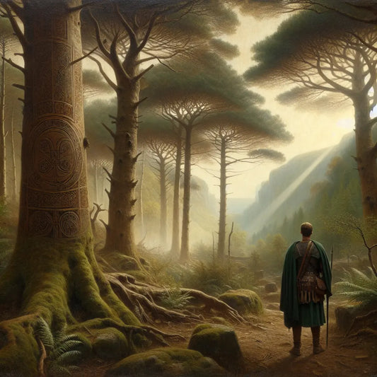 Misty ancient European forest with tall trees carved with Celtic symbols, bathed in warm light and shrouded in atmospheric mist, evoking the mystery of ancient Gaul.