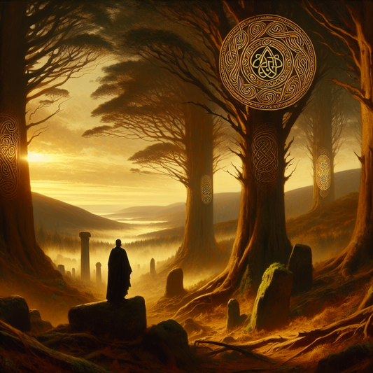 A misty ancient forest bridging Ireland and Scotland with glowing Celtic symbols like triskele and knots, painted in a classical Roman historical epic style.