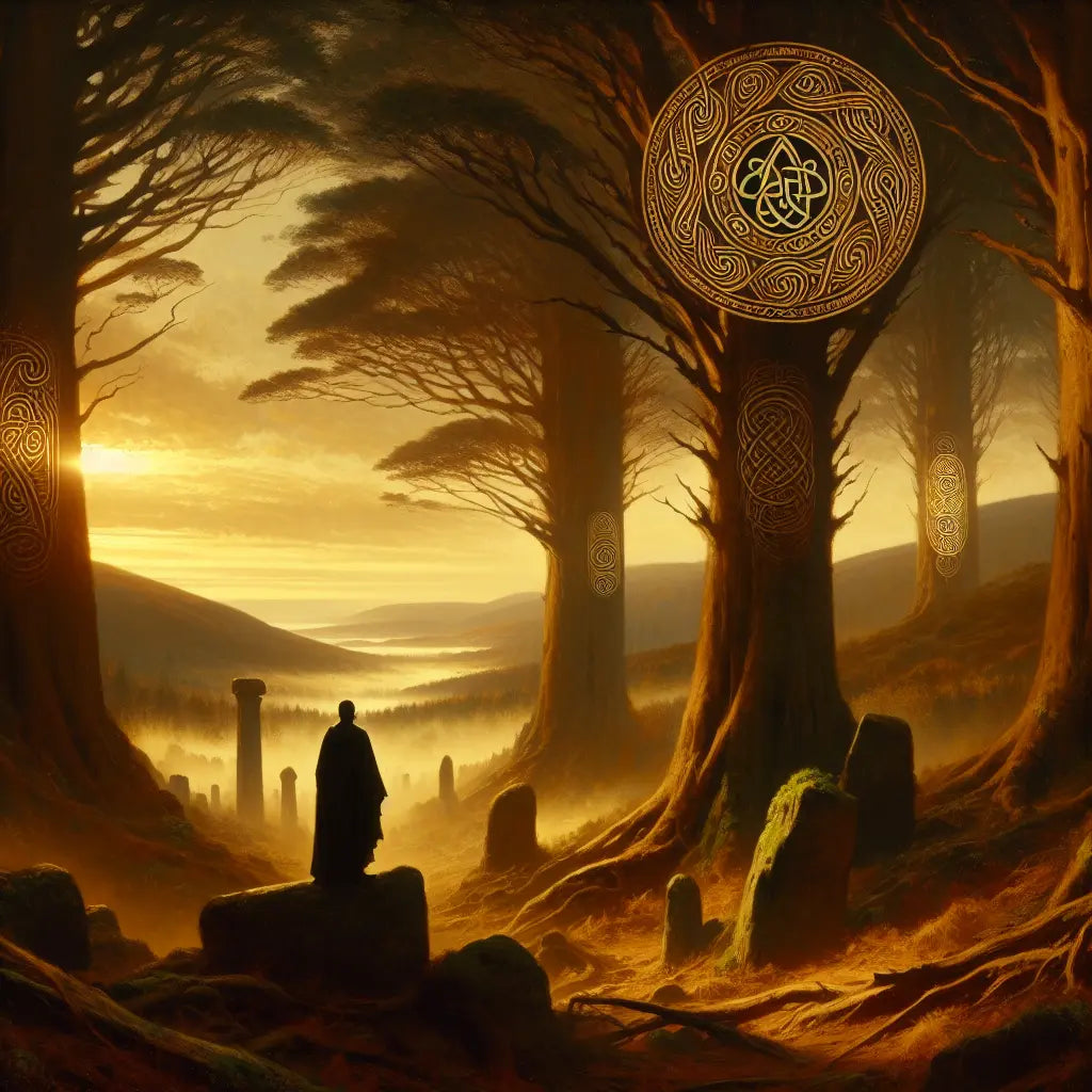 A misty ancient forest bridging Ireland and Scotland with glowing Celtic symbols like triskele and knots, painted in a classical Roman historical epic style.