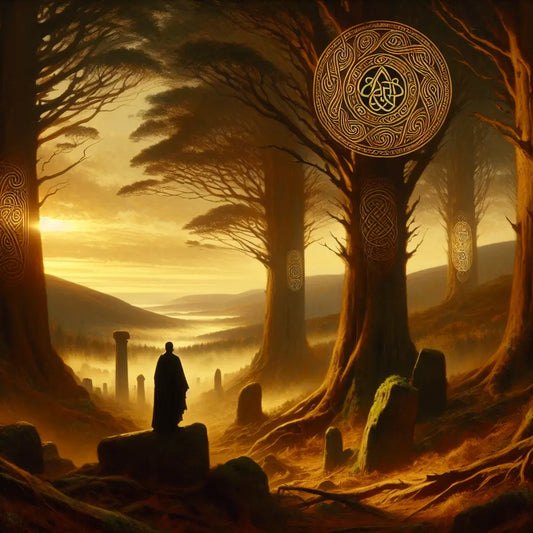 A misty ancient forest bridging Ireland and Scotland with glowing Celtic symbols like triskele and knots, painted in a classical Roman historical epic style.