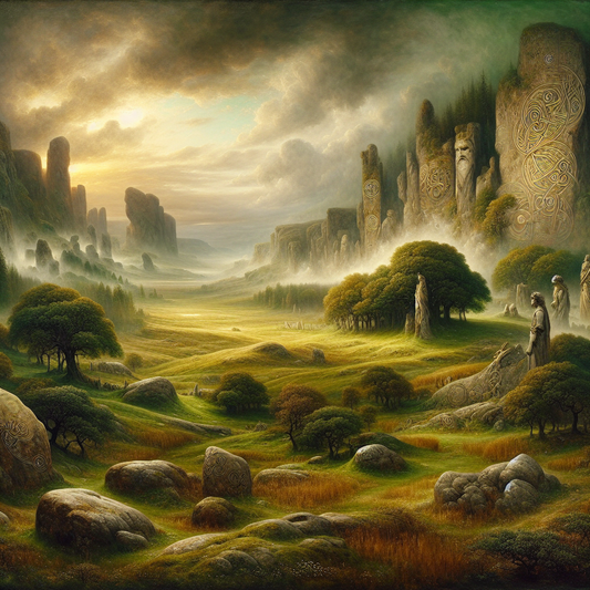 Misty Irish landscape merging Celtic knotwork and Gaelic symbols with heroic figures representing gods from Irish mythology in a mystical, warm-toned cinematic style.
