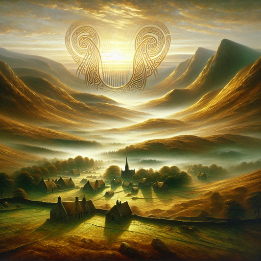 Misty Scottish Highland with rolling hills, distant Gaelic village, and an ancient Celtic harp woven in soft sunlight in the sky, painted in a cinematic historical epic style.