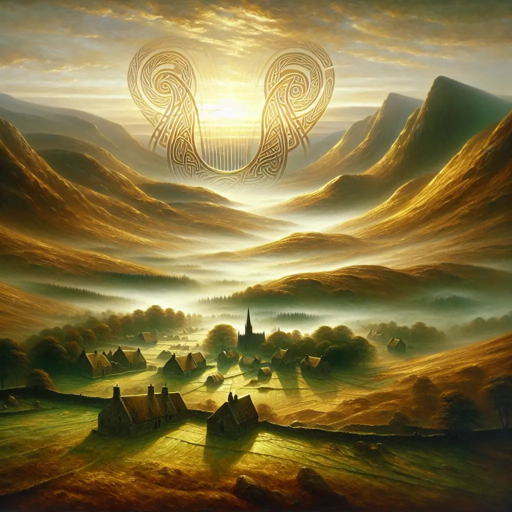 Misty Scottish Highland with rolling hills, distant Gaelic village, and an ancient Celtic harp woven in soft sunlight in the sky, painted in a cinematic historical epic style.