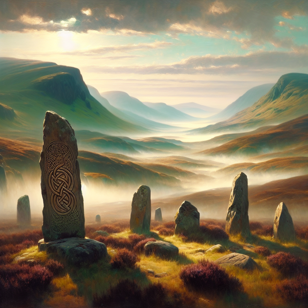 Misty Scottish Highlands with ancient Celtic knotwork carved stones and Gaelic script overlays, evoking Scotland's heritage in a cinematic painterly style.