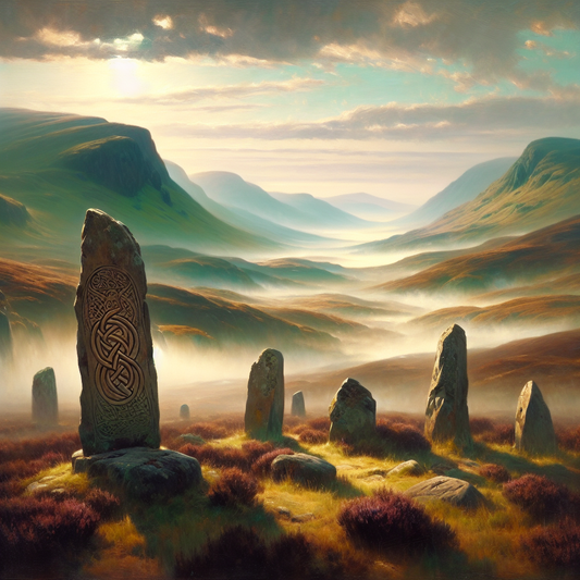 Misty Scottish Highlands with ancient Celtic knotwork carved stones and Gaelic script overlays, evoking Scotland's heritage in a cinematic painterly style.