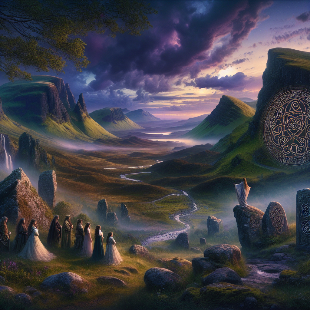 A cinematic painting of the misty Scottish Highlands and Irish coast at twilight, featuring ethereal Gaelic gods and heroes among ancient Celtic symbols, styled like a 1960s historical epic.