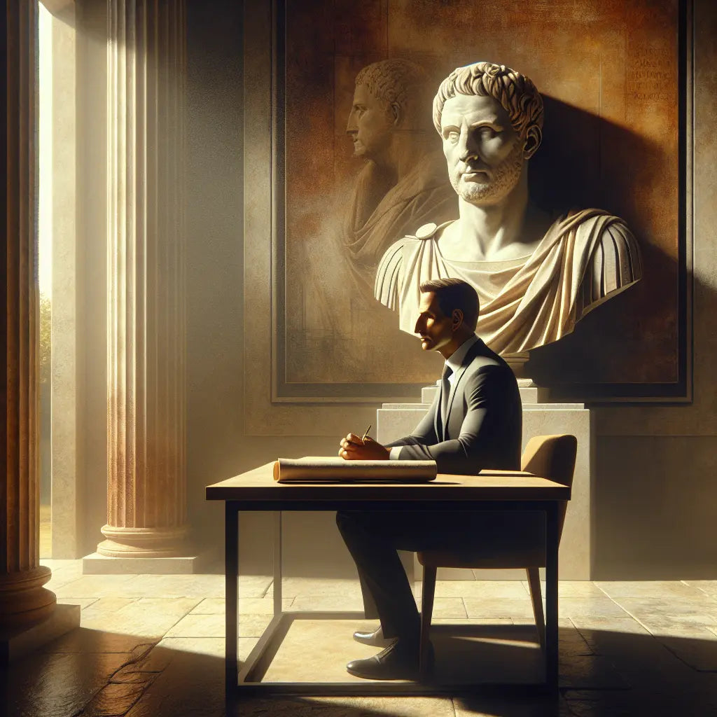 A modern CEO resembling Jeff Bezos sits thoughtfully at a minimalist desk in a scene blending contemporary style with ancient Roman Stoic imagery, including a bust of Marcus Aurelius and scrolls, evoking timeless leadership wisdom.