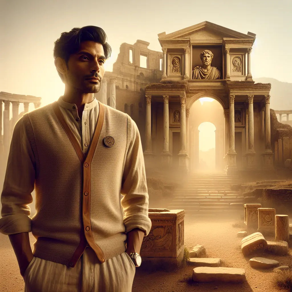 Modern person wearing an enamel pin of a stoic Roman philosopher, standing before ancient Roman ruins bathed in warm sunlight, styled as a 1960s historical epic painting.