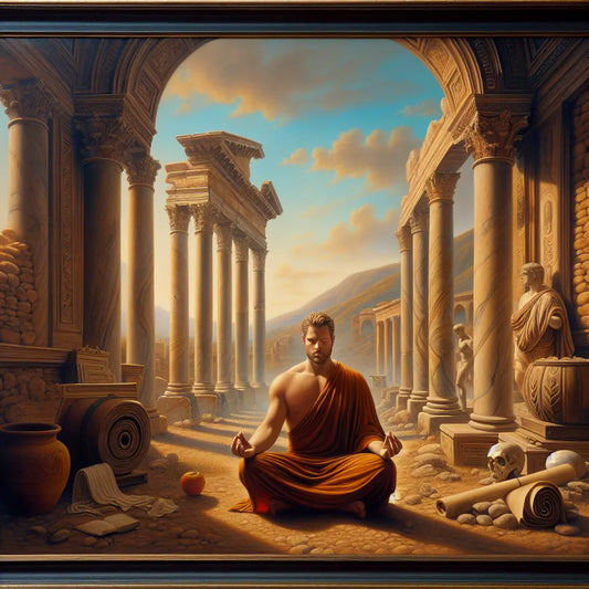 A thoughtful modern man practicing mindfulness in front of ancient Roman ruins, reflecting the blend of Stoic philosophy and contemporary lifestyle in a cinematic 1960s epic style.