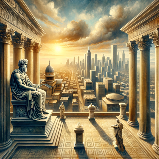 Statue of an ancient Greek philosopher set against a modern urban landscape, highlighting the blend of ancient and contemporary elements in a style reminiscent of 1960s historical films.
